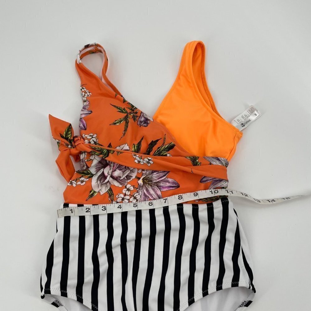 Cupshe Orange Floral Striped Mixed Print Belted One Piece Swimsuit Womens XS - Picture 9 of 11